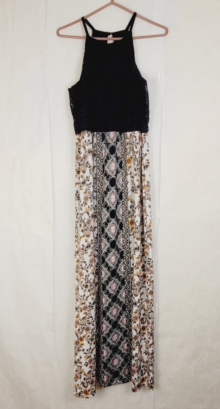 Bailey Blue mixed floral black lace halter neck maxi dress Size Med Boho Y2K
